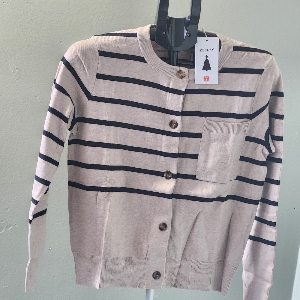 Zesica Women's Striped Cardigan Sweater - Beige and Black